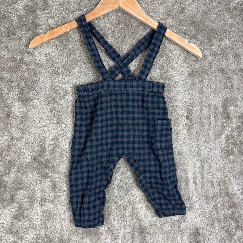 H&M Gingham Overalls Gray Navy Blue Suspenders Pants Romper Baby Boy 9 Months